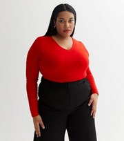 New Look Curves Red Jersey V Neck Long Sleeve Bodysuit